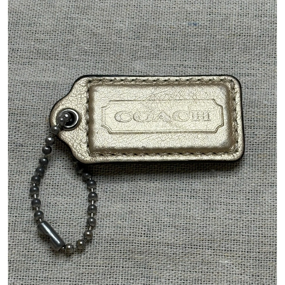 COACH 2.5" Hang Tag Fob Bag Charm Metallic Gold Leather, Silver Ball Chain
